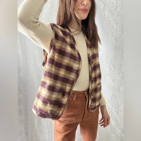Vintage Plaid Wool Blend Button Front Vest Earth Tone Layered Folk Style - Picture 3 of 15